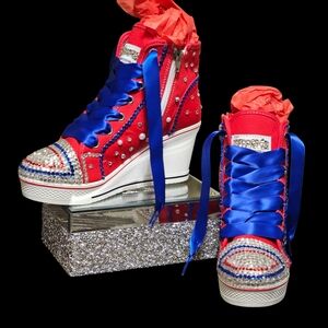 Red and Blue Customed High-Top Wedge Sneakers